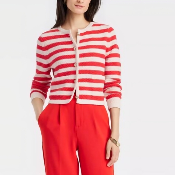 a new day Sweaters - A New Day Red Cream Striped Lady Jacket Coastal Mariner Knit Cardigan.